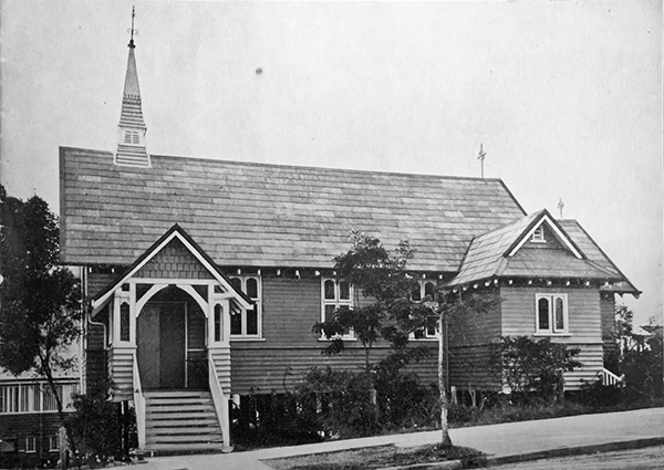 A photograph of the first church in its original corner location (St Stephens Anglican Church Coorparoo).