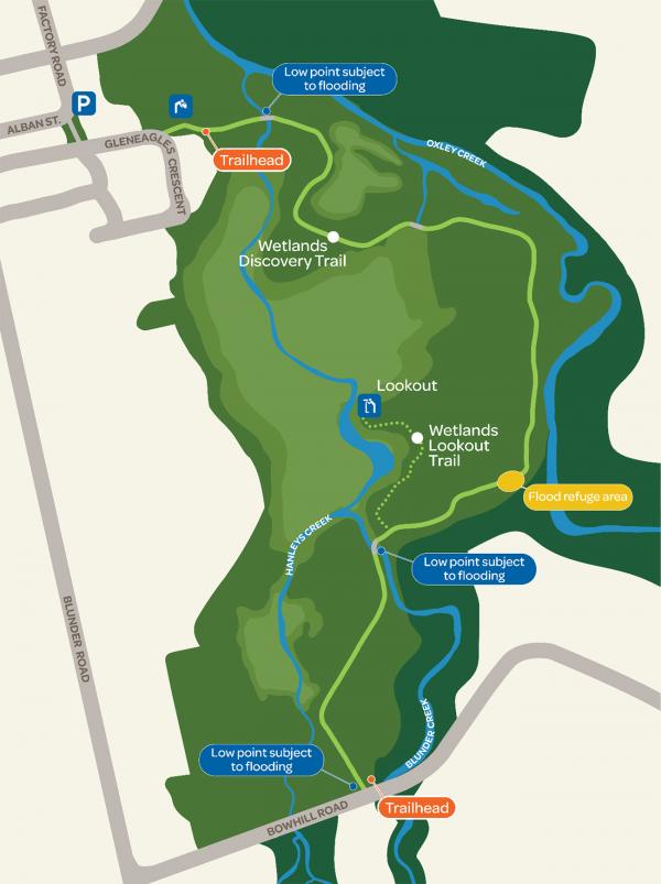 This image is a map of the Archerfield Wetlands Parkland, showing the route of the Wetlands Discovery Trail through the parkland, including the route of the Wetlands Lookout Trail, which is accessed from the Discovery Trail. The two entry points to the Discovery Trail are identified on the map as Trailheads. The northern Trailhead, top of map, is accessed via Gleneagles Crescent Park, Oxley. The southern Trailhead, bottom of map, is accessed via Bowhill Road, Durack. 