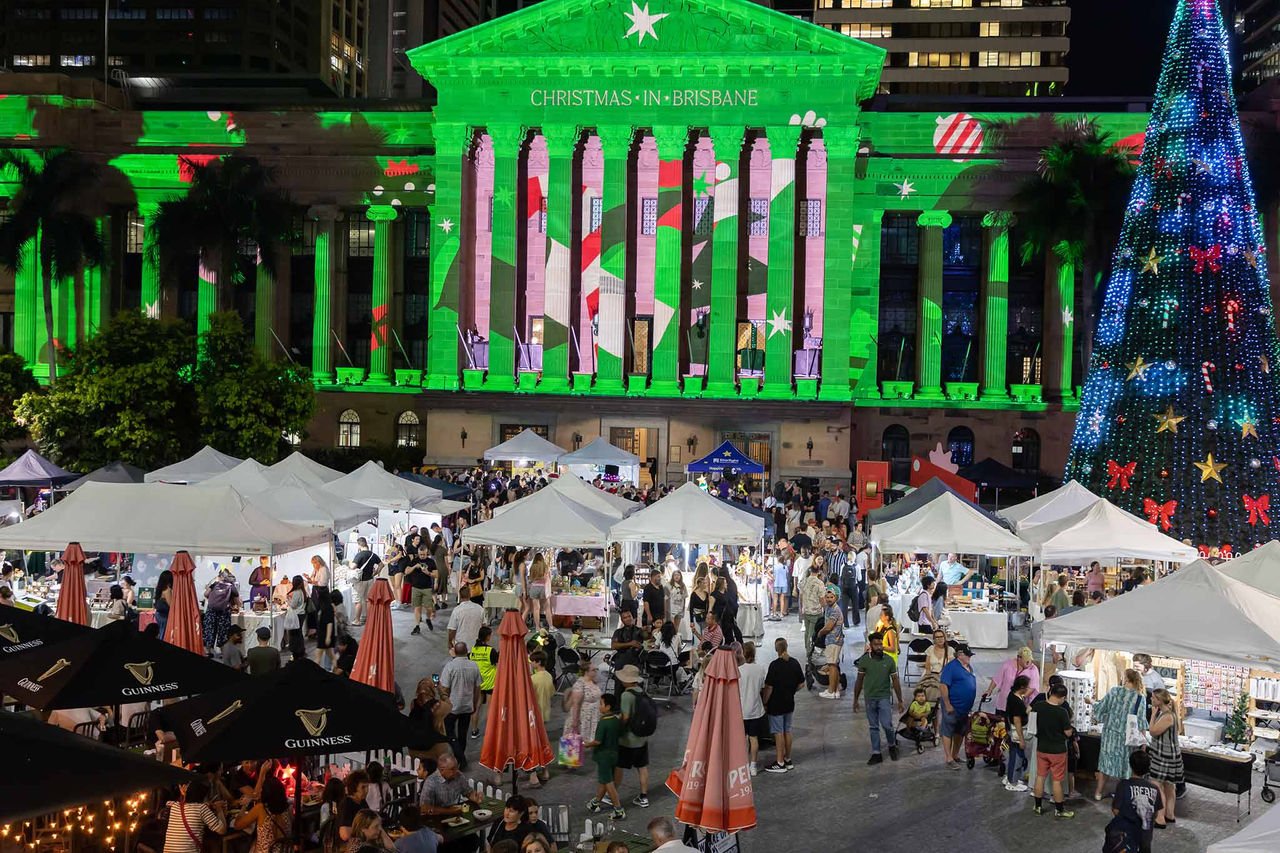 The Twilight Markets in King George Square at Christmas in 2024.