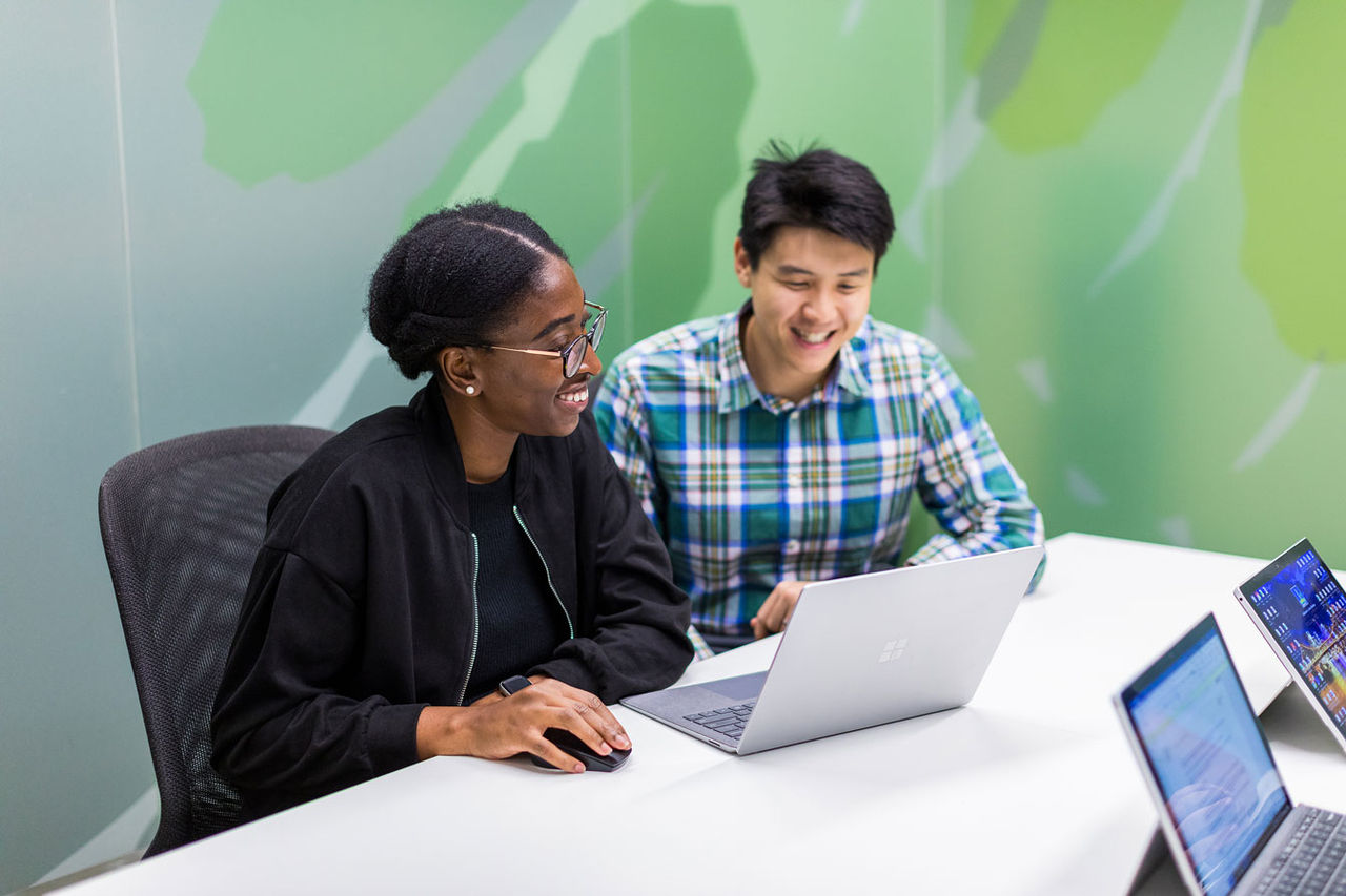 Two Council officers in a meeting room looking at a laptop.