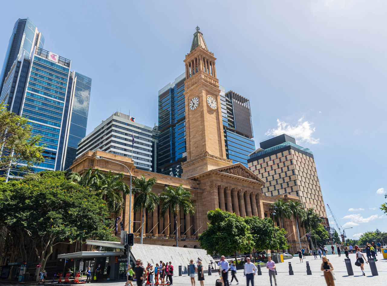 Brisbane City Hall viewed from Adelaide Street and across King George Square during the day.