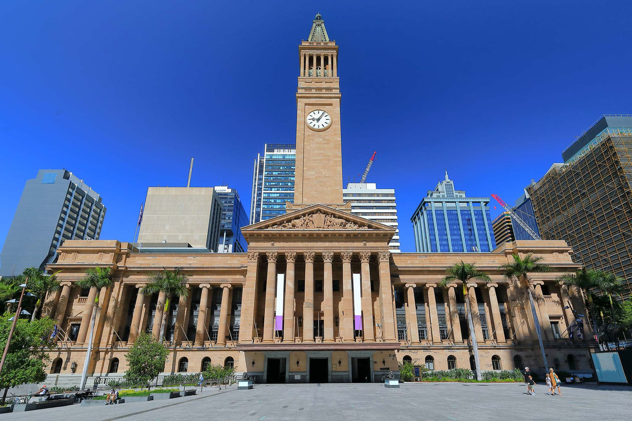 Brisbane City Hall on a clear day viewed from King George Square.