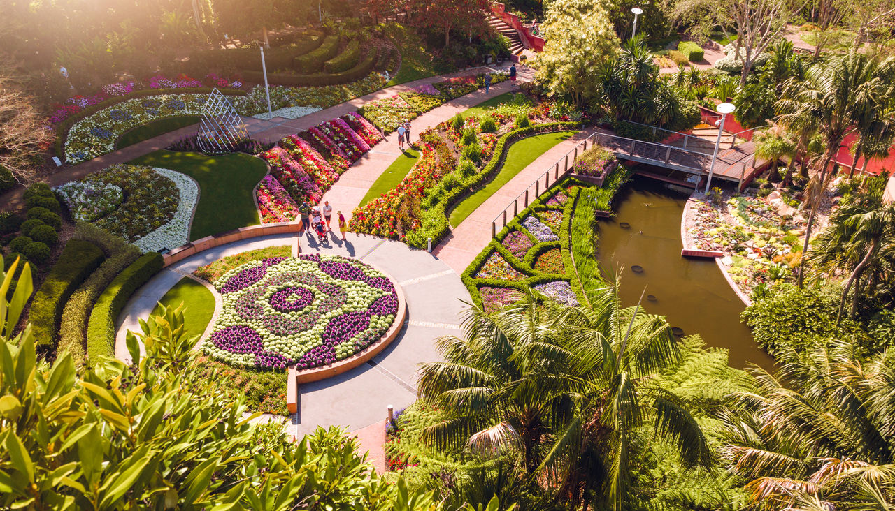 Aerial photo of the Spectacle Garden, Roma Street Parkland, Brisbane City.