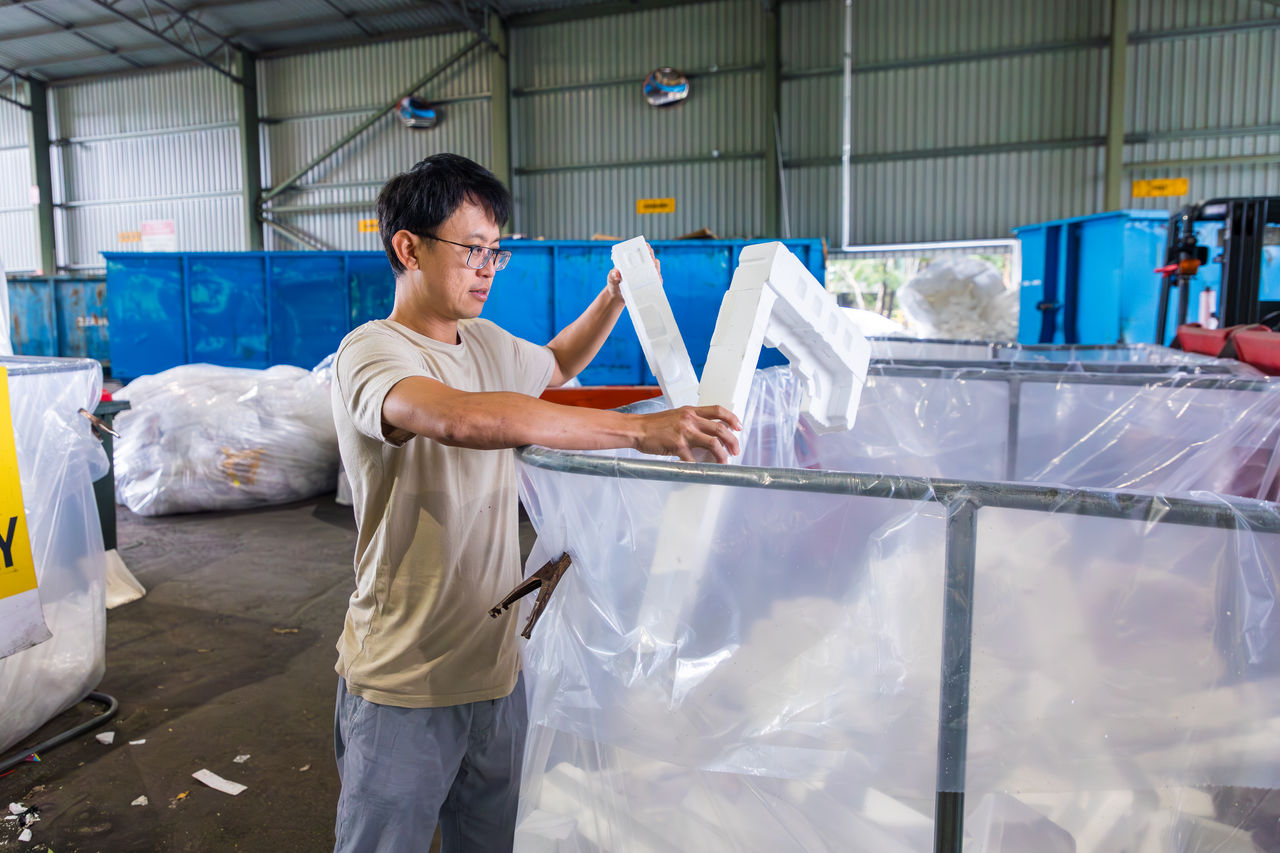 Person dropping off polystyrene at Willawong Resource Recovery Centre.