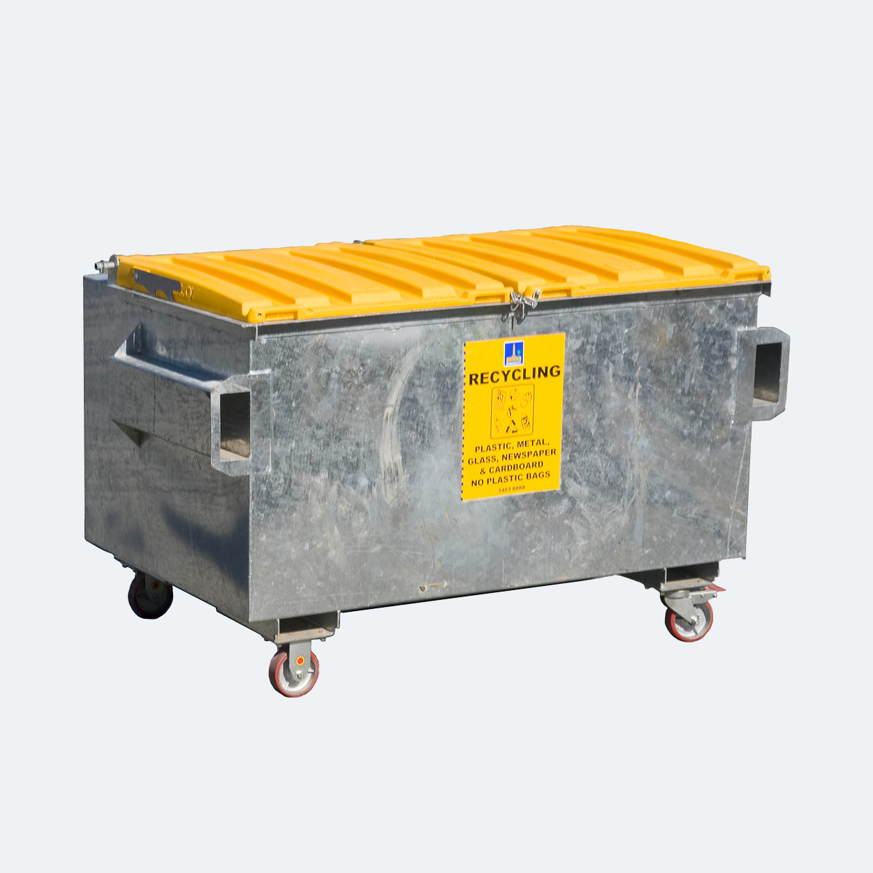 Large metal recycling bulk bin with a yellow lid and wheels.