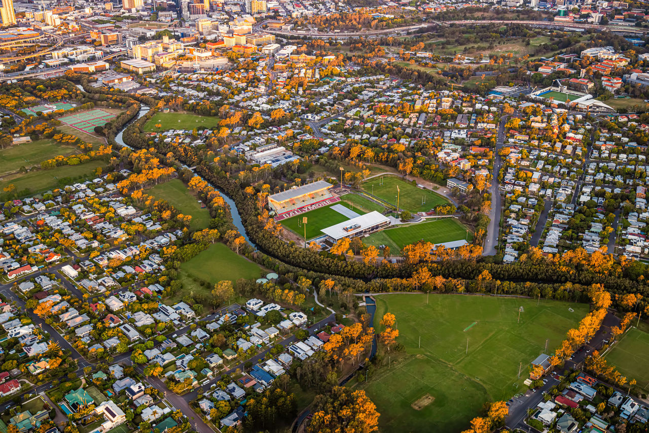 Aerial view of Brisbane near Ballymore Stadium, Herston. 