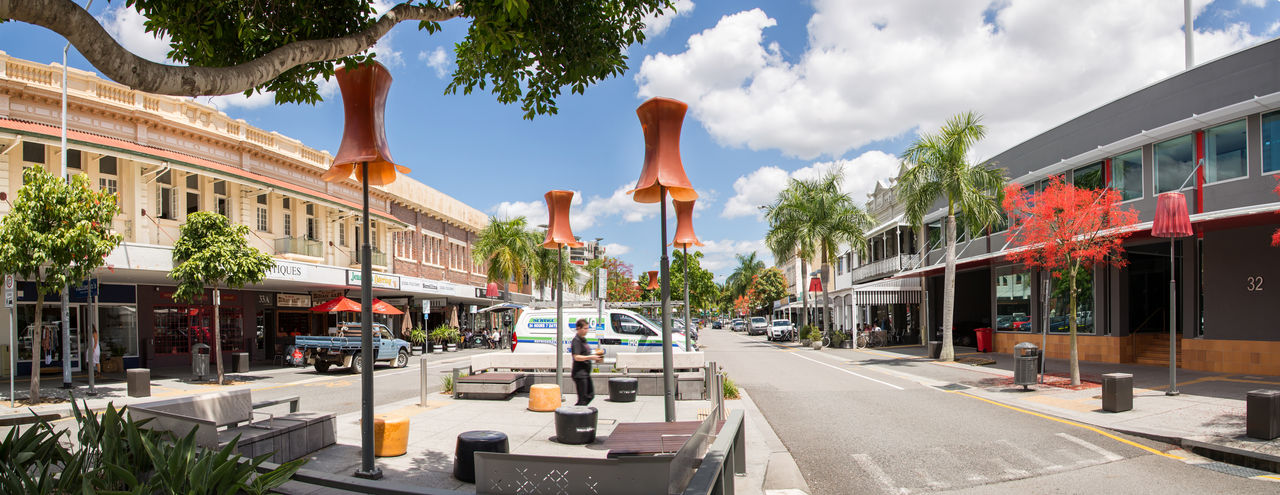 Logan Road at The Gabba precinct including street furniture.