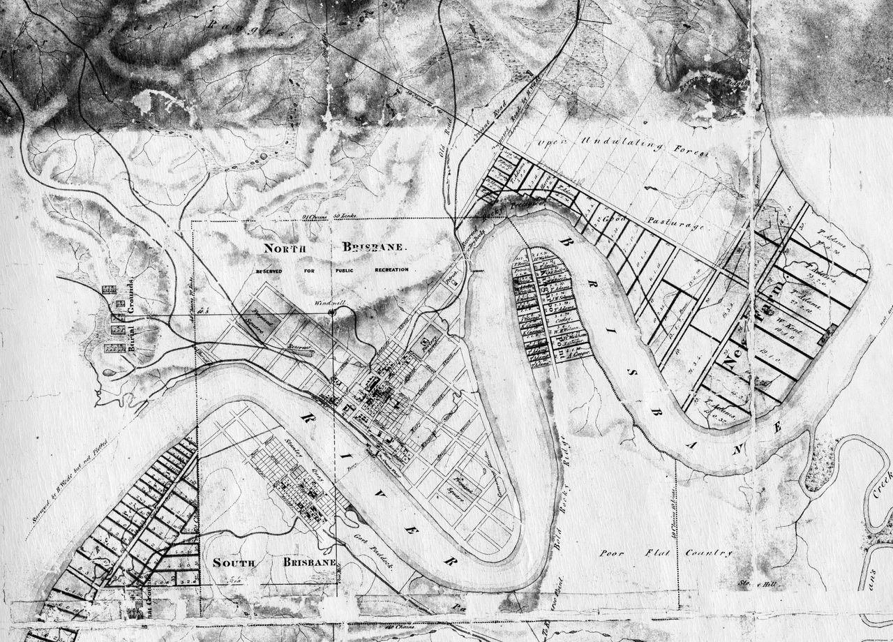 Historical map of central Brisbane including Brisbane River in circa 1844.