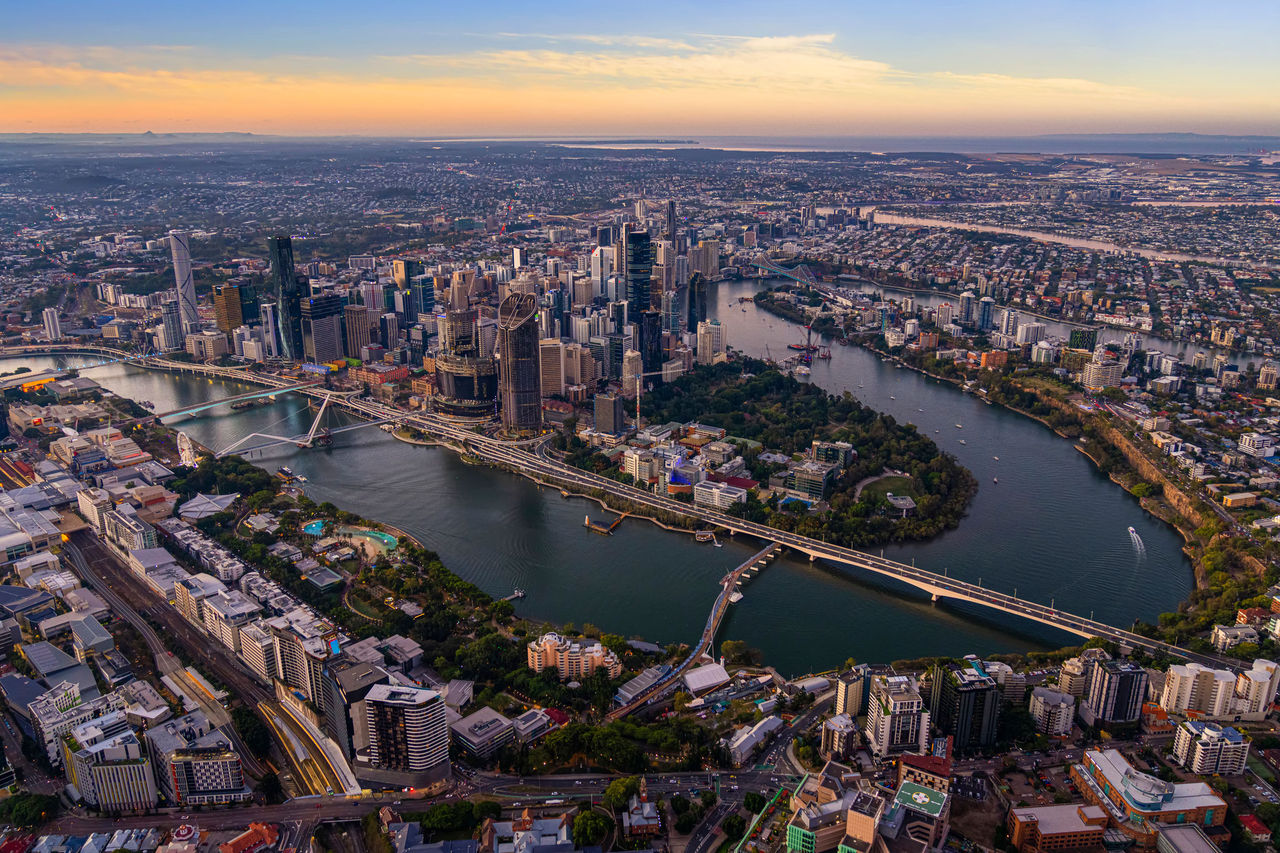 Aerial image of Brisbane CBD and surrounds from above South Brisbane.