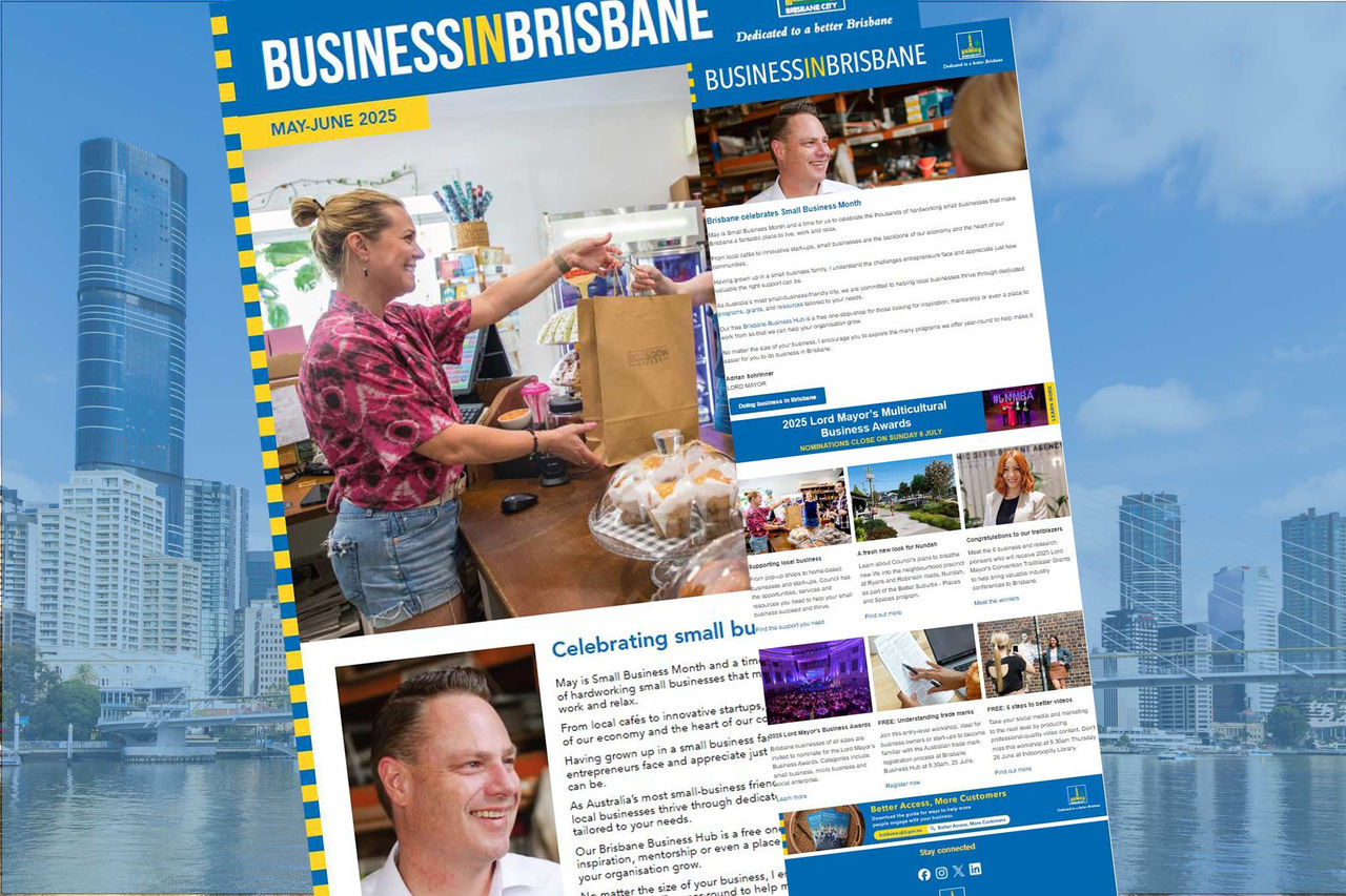 Snips of front page of quarterly Business in Brisbane and monthly Business in Brisbane. Images overlay a Brisbane CBD background with a blue overlay.