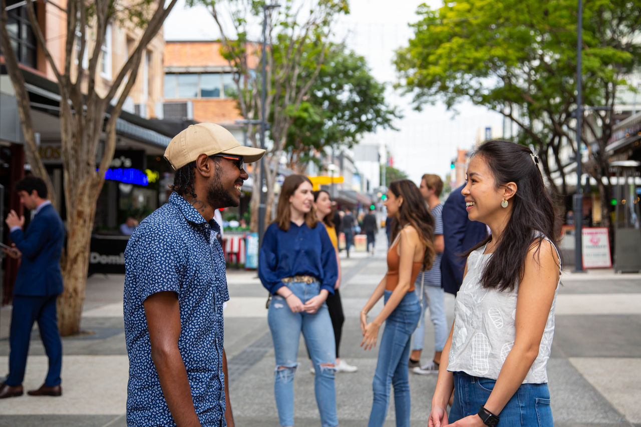 Group of young people in Brunswick Street Mall, Fortitude Valley