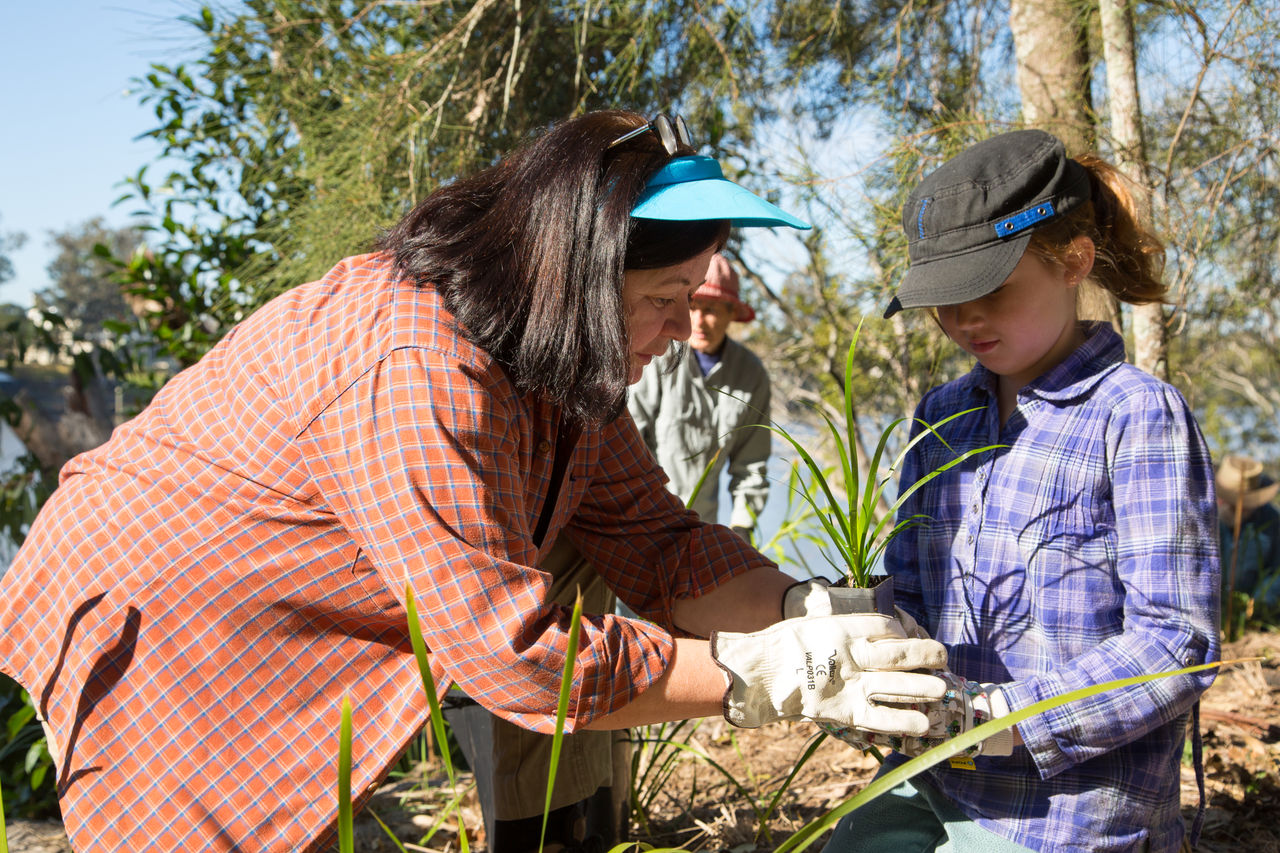 Middle-aged woman working with a young girl to plant a native plant at a Habitat Brisbane planting event along the Brisbane River.
