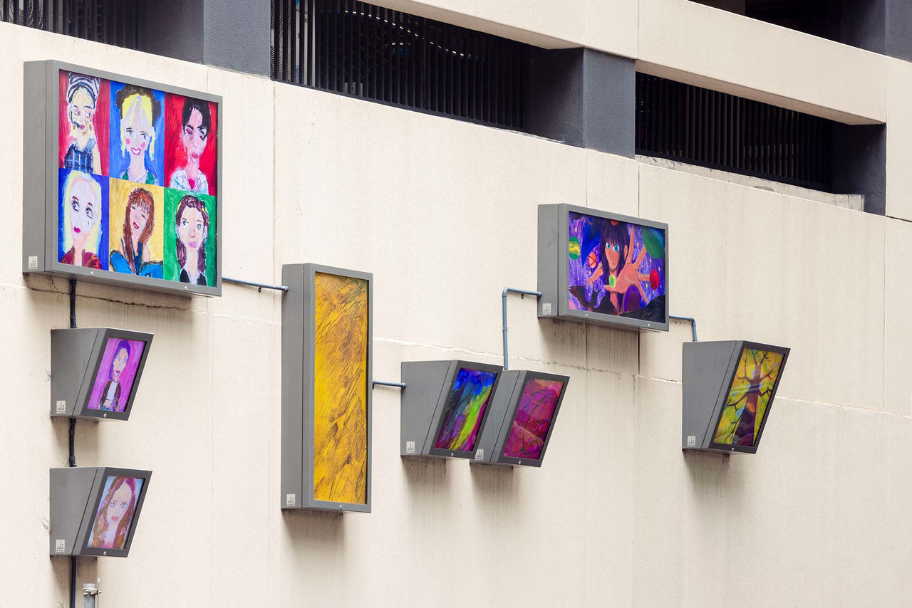 Artwork by 2 artists - Rupert Campbell and May Washington - for AMPLIFY ME! Outdoor Gallery exhibition.