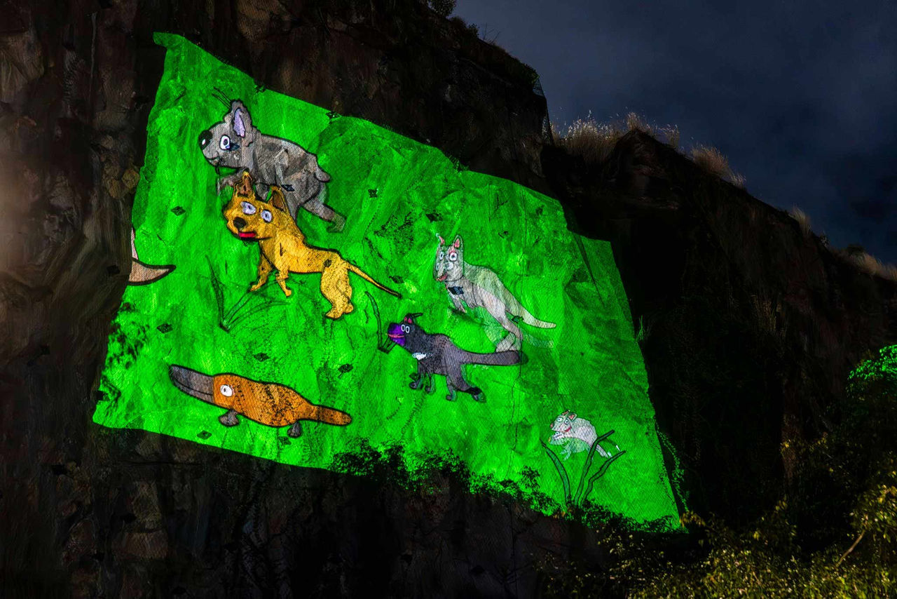 Artwork by Ella Doyle projected at Howard Smith Wharves for  AMPLIFY ME! Outdoor Gallery exhibition.