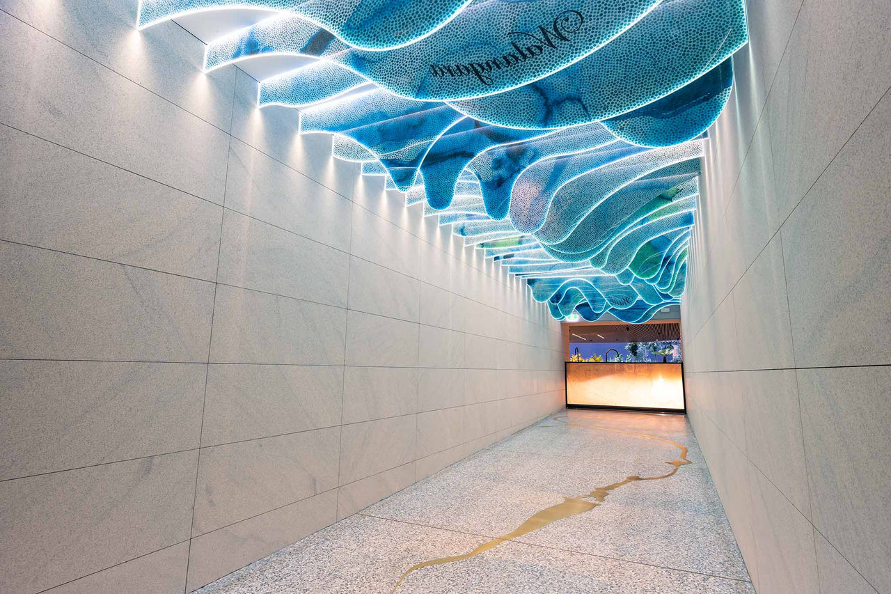 This is an artwork by Megan Cope called 'What becomes of the clouds' at 80 Ann Street, Brisbane City.