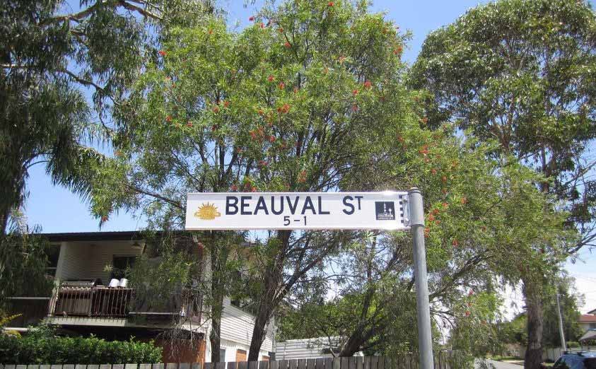Street name sign on a Street of Remembrance in Kedron named Beauval Street.