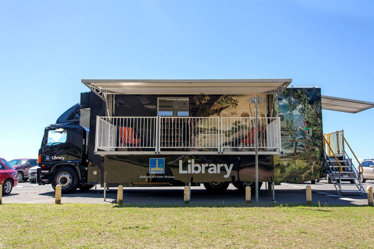 Council's mobile library set up and open at a mobile site.