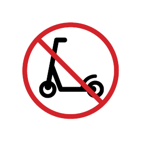 A ‘no scooters’ symbol, indicating that riding scooters is not allowed in the area.