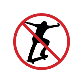 A ‘no skateboarding’ symbol, indicating that riding skateboards is not allowed in the area.