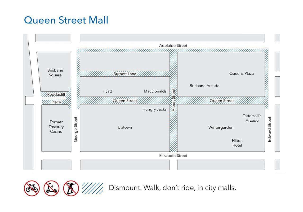 A map of regulated areas in Queen Street Mall. Includes advice to dismount from bicycles, scooters and skateboards. Walk don't ride in city malls.