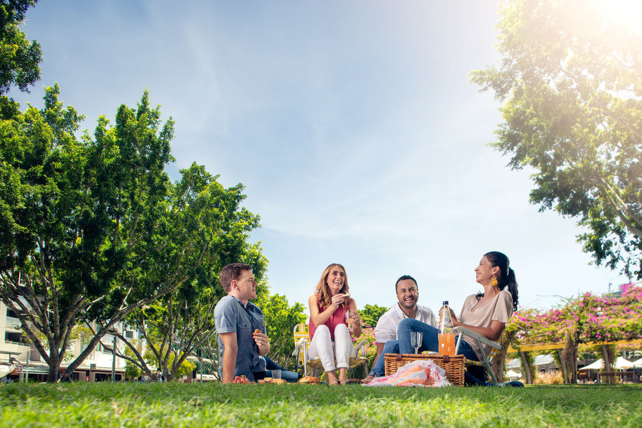 Four people having a picnic in a Brisbane park.