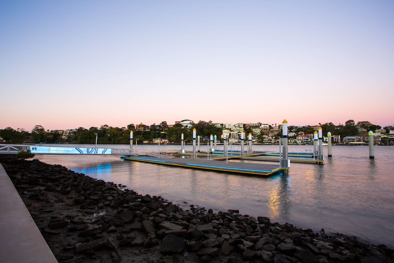 New Farm Park River Hub structure at dusk.