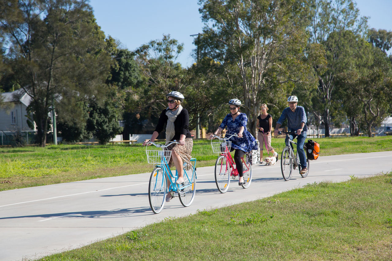 3 cyclists and a pedestrian with a dog on the North Brisbane Bikeway shared pathway.