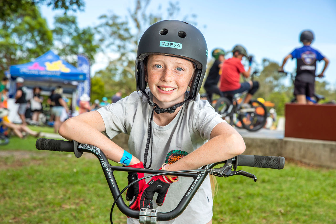 Boy on a BMX bike at a BMX skills open day event at Murarrie Recreation Reserve.