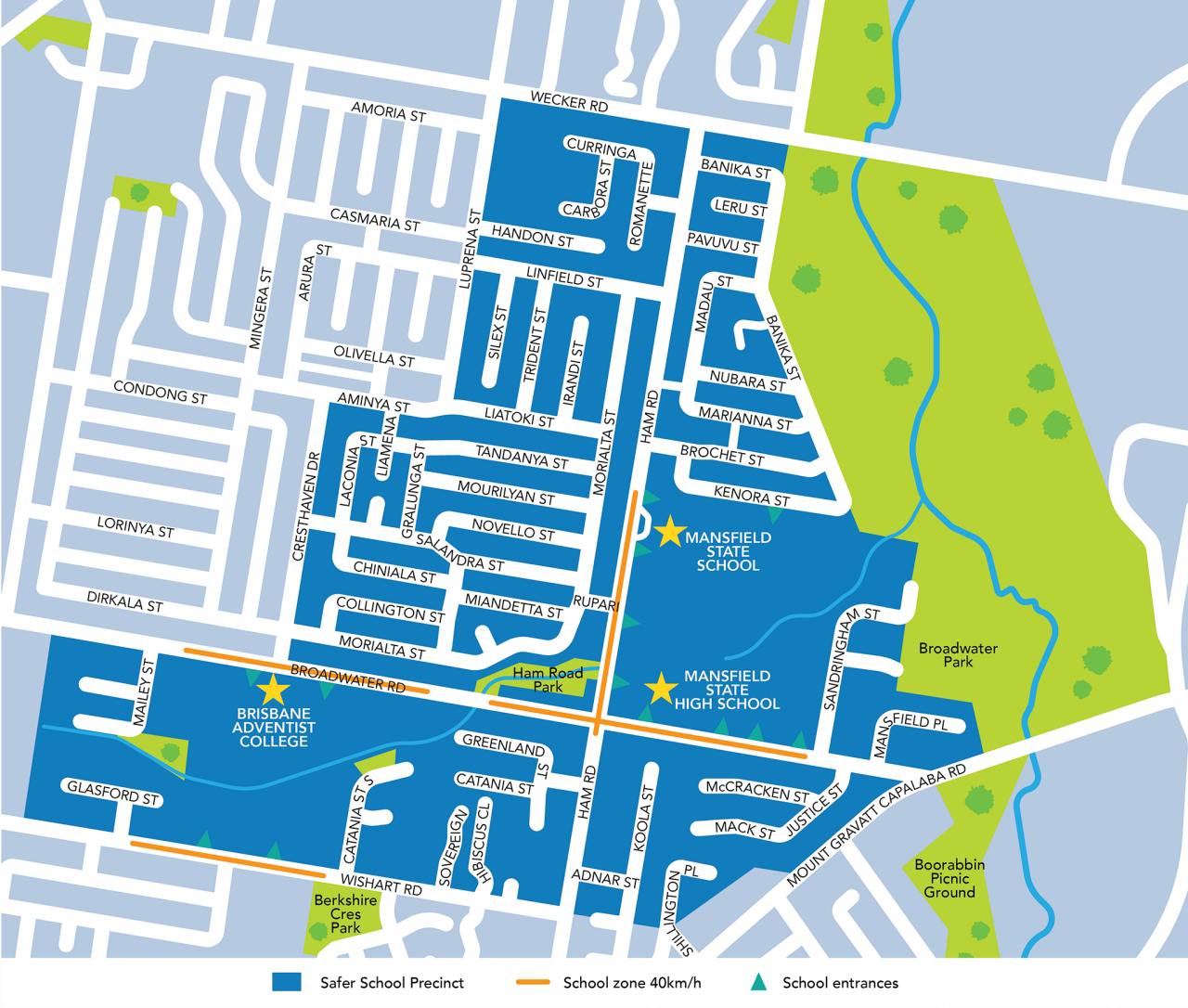 This image shows a map of the Mansfield Safer School Precinct area.