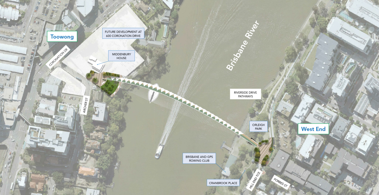 This is a location map of the Toowong to West End Bridge showing the bridge extending from 600 Coronation Drive, Toowong to Orleigh Park (near Forbes Street), West End. Surrounding location markers include Toowong, future development at 600 Coronation Drive, Middenbury House, West End, Orleigh Park, Brisbane and GPS Rowing Club, Cranbrook Place, Riverside Drive Pathways, Hill End Terrace and Forbes Street. This plan is indicative only and subject to consultation, funding and approvals.