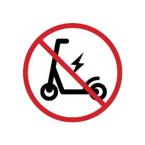 A ‘no e-scooters’ symbol, indicating that riding scooters is not allowed in the area.