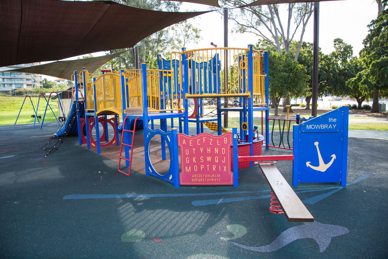 Boat-themed playground under shade sails at Mowbray park.