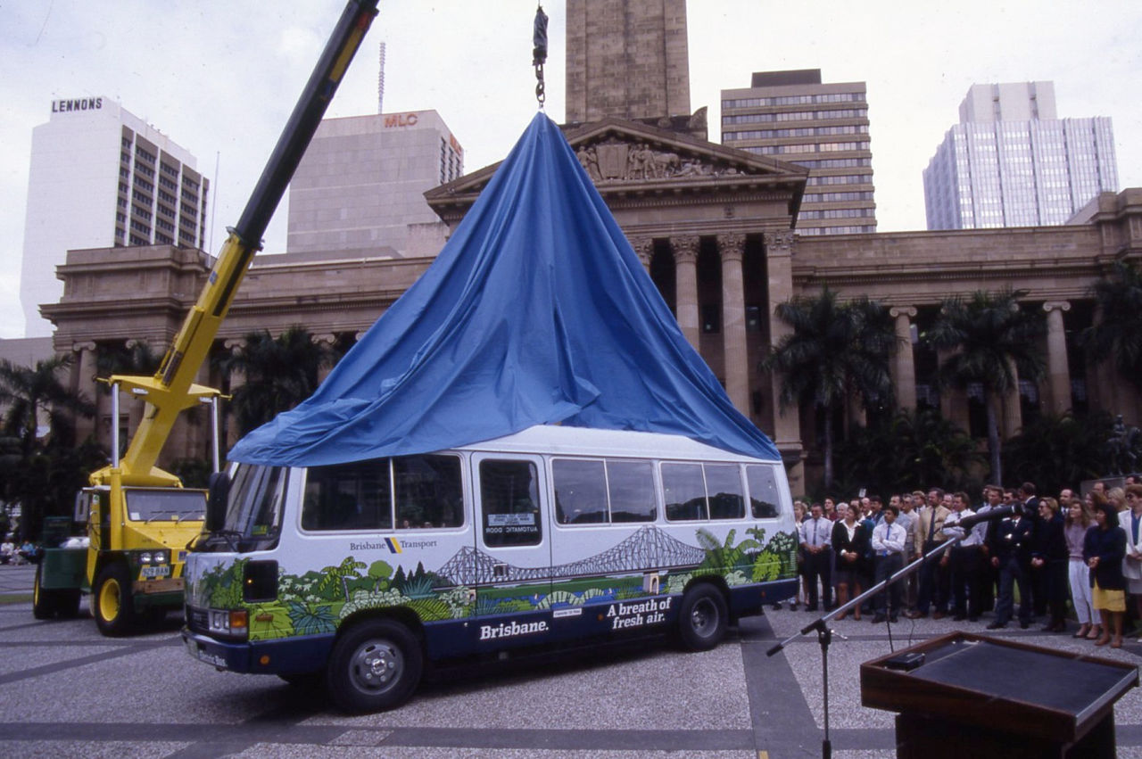 An image of an electric bus unveiling in King George Square in 1992.