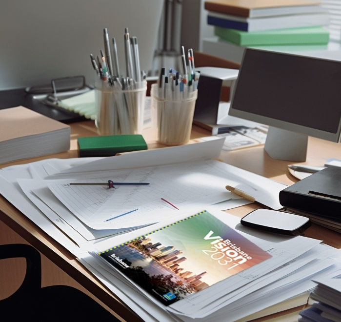 Brisbane Vision 2031 document on an office desk, along with other papers, computer screens and stationary.