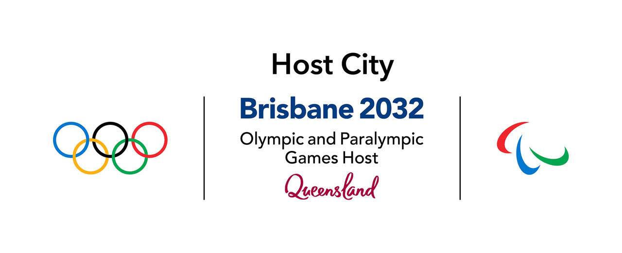 Brisbane 2032 Olympic and Paralympic Games Host City banner with Olympic Rings and Paralympic Agitos
