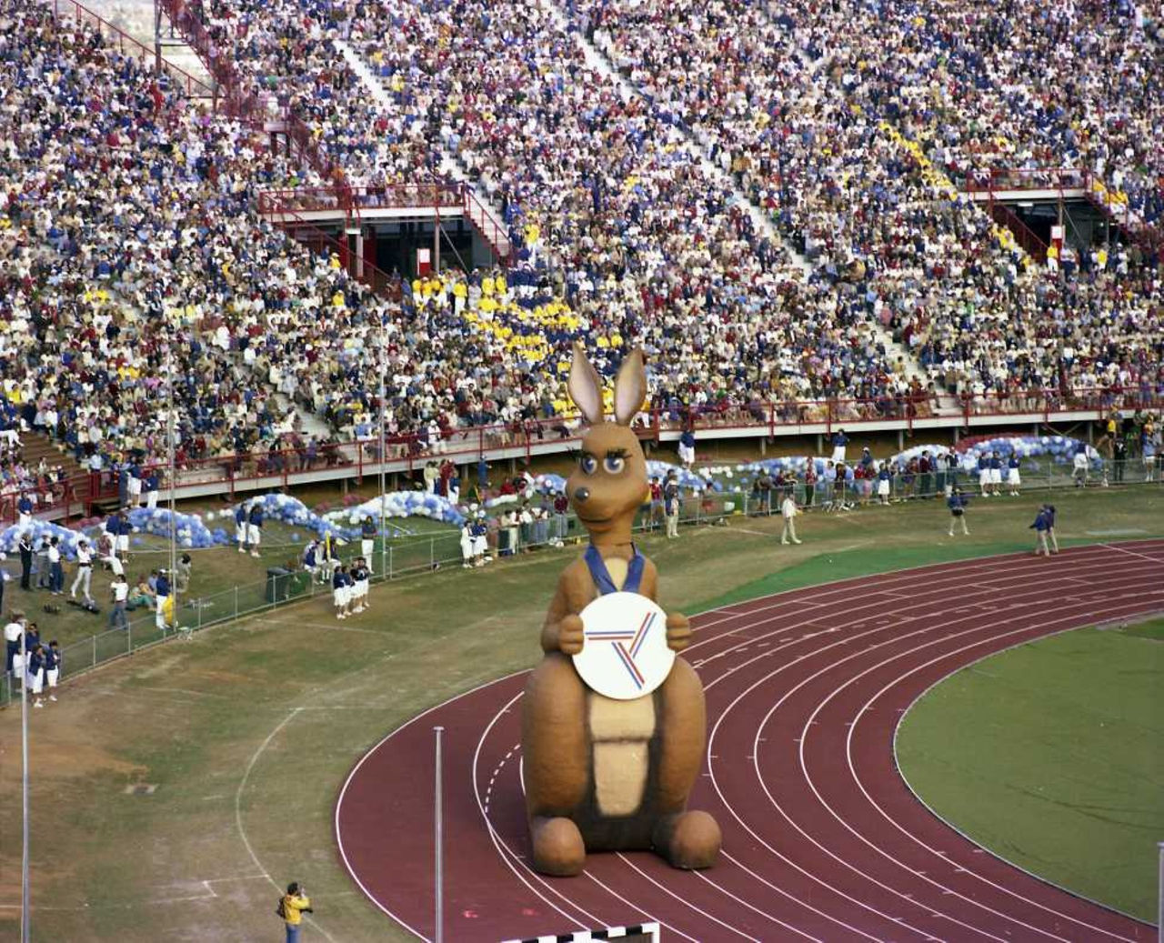 An image of a large kangaroo sculpture at the 1982 Commonwealth Games.