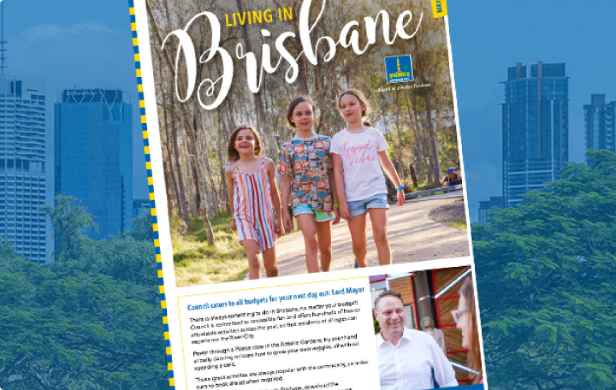 An image showing Living in Brisbane cover over a blue background with Brisbane CBD underlay.