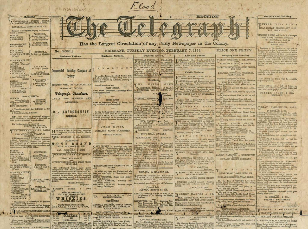 Top half of The Telegraph daily newspaper front cover for Flood edition, Tuesday evening, 7 February 1893.