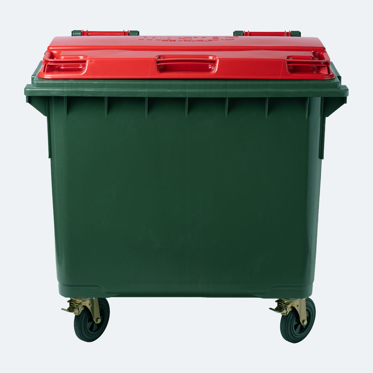 Large general waste bin with a red lid and wheels.