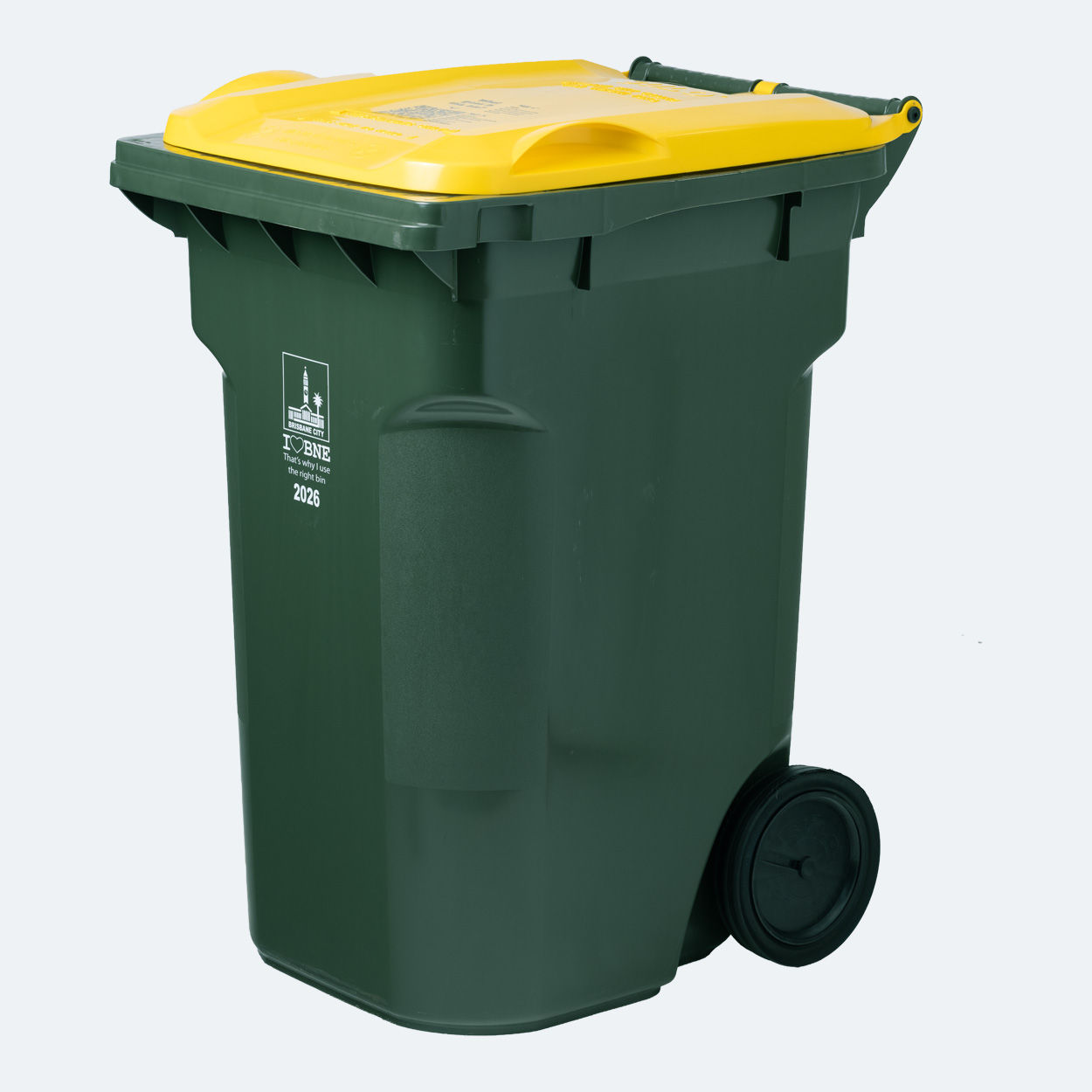 Large recycling bin with a yellow lid and wheels.