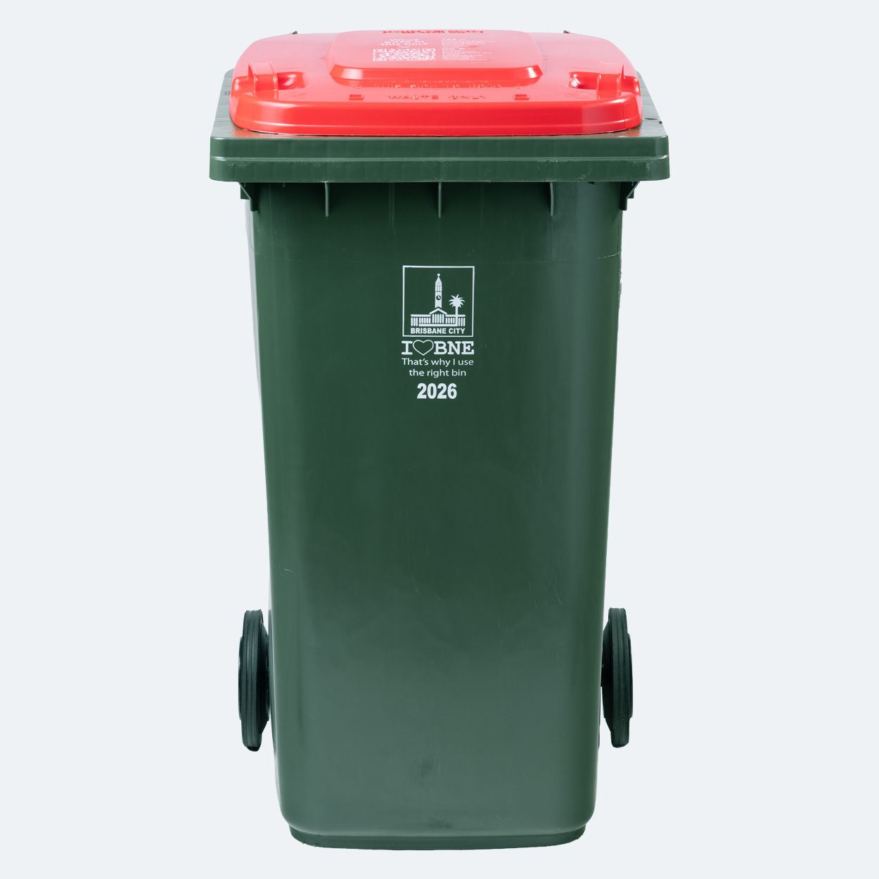 Standard general waste bin with a red lid and wheels.