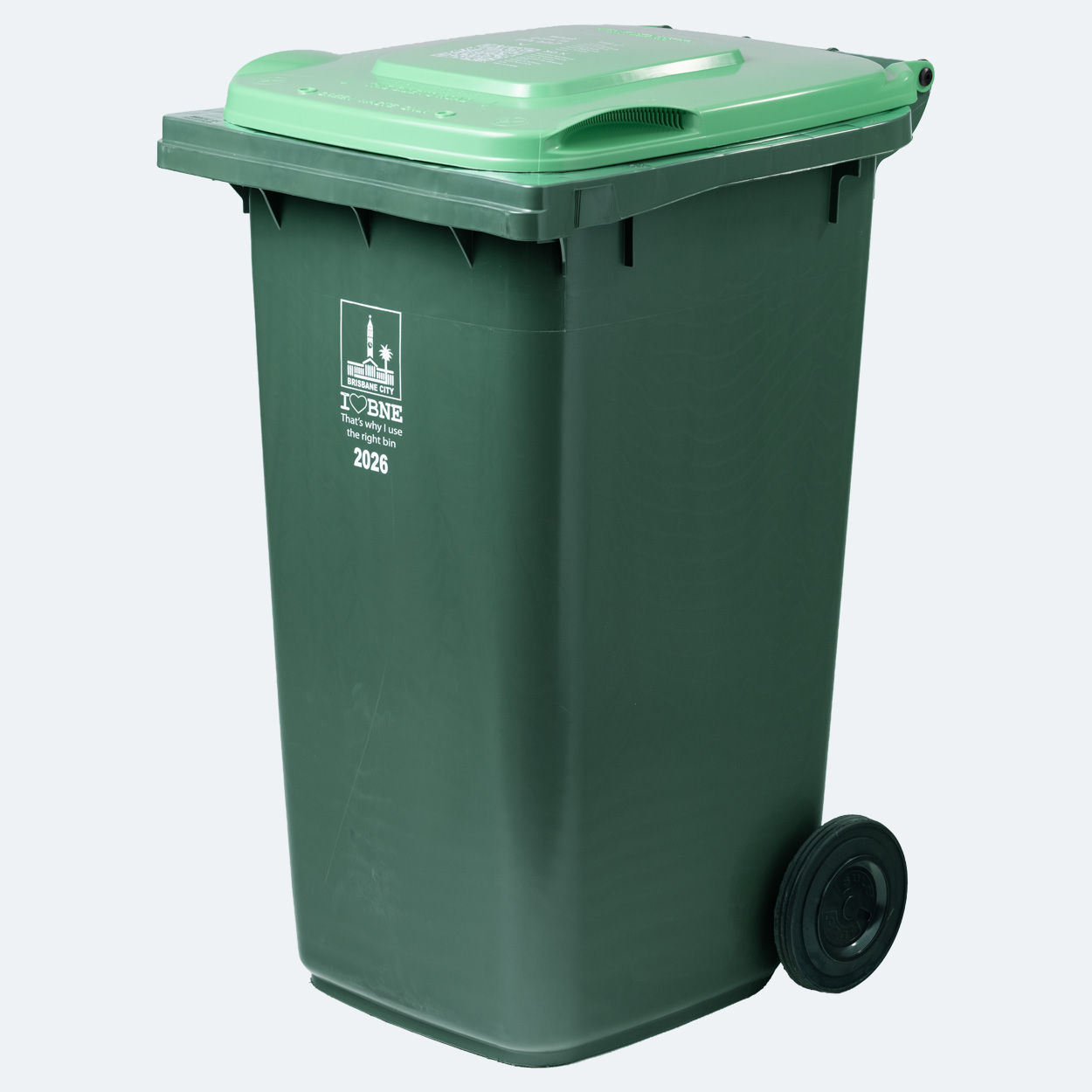 Standard green waste bin with a green lid and wheels.