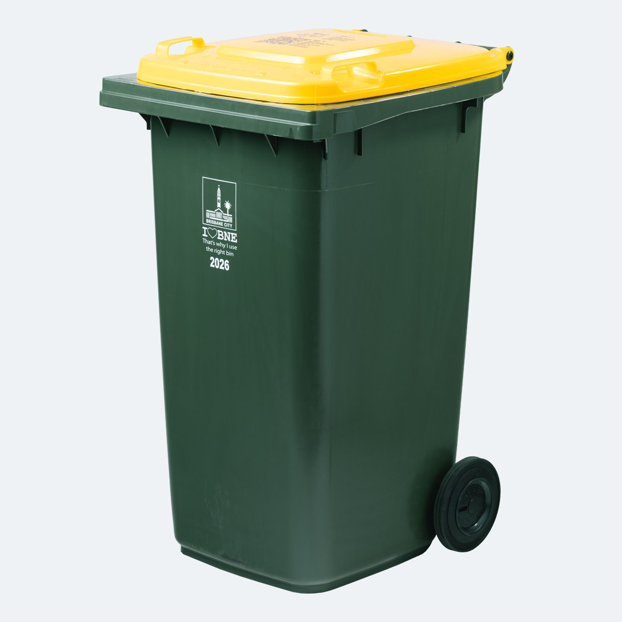 Standard recycling bin with a yellow lid and wheels.