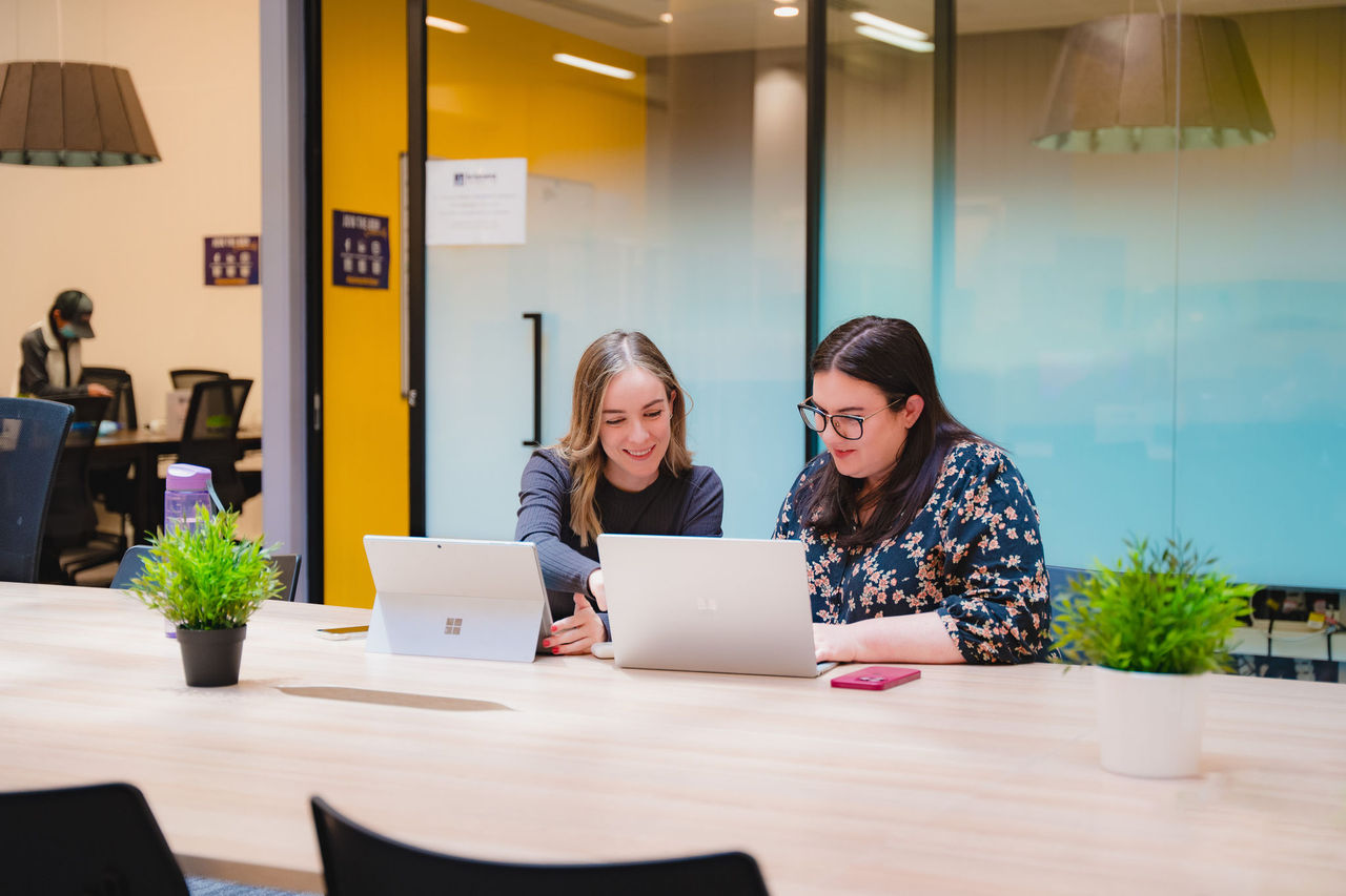 Two women working on laptops in a business setting.