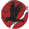 An illustration of a Glossy Black Cockatoo in flight on a red background.