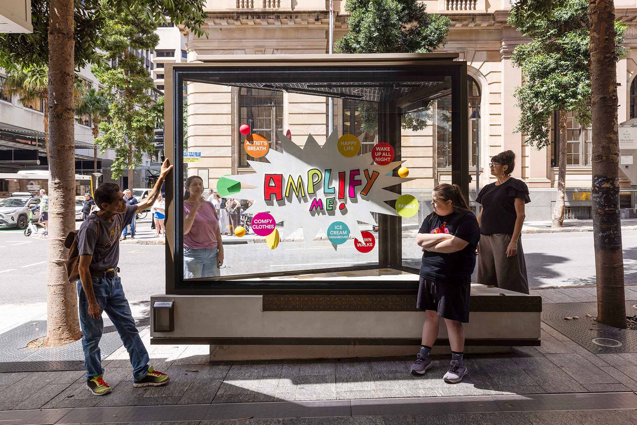 AMPLIFY ME! artists at Edward Street and Queen Street vitrine, Brisbane City.