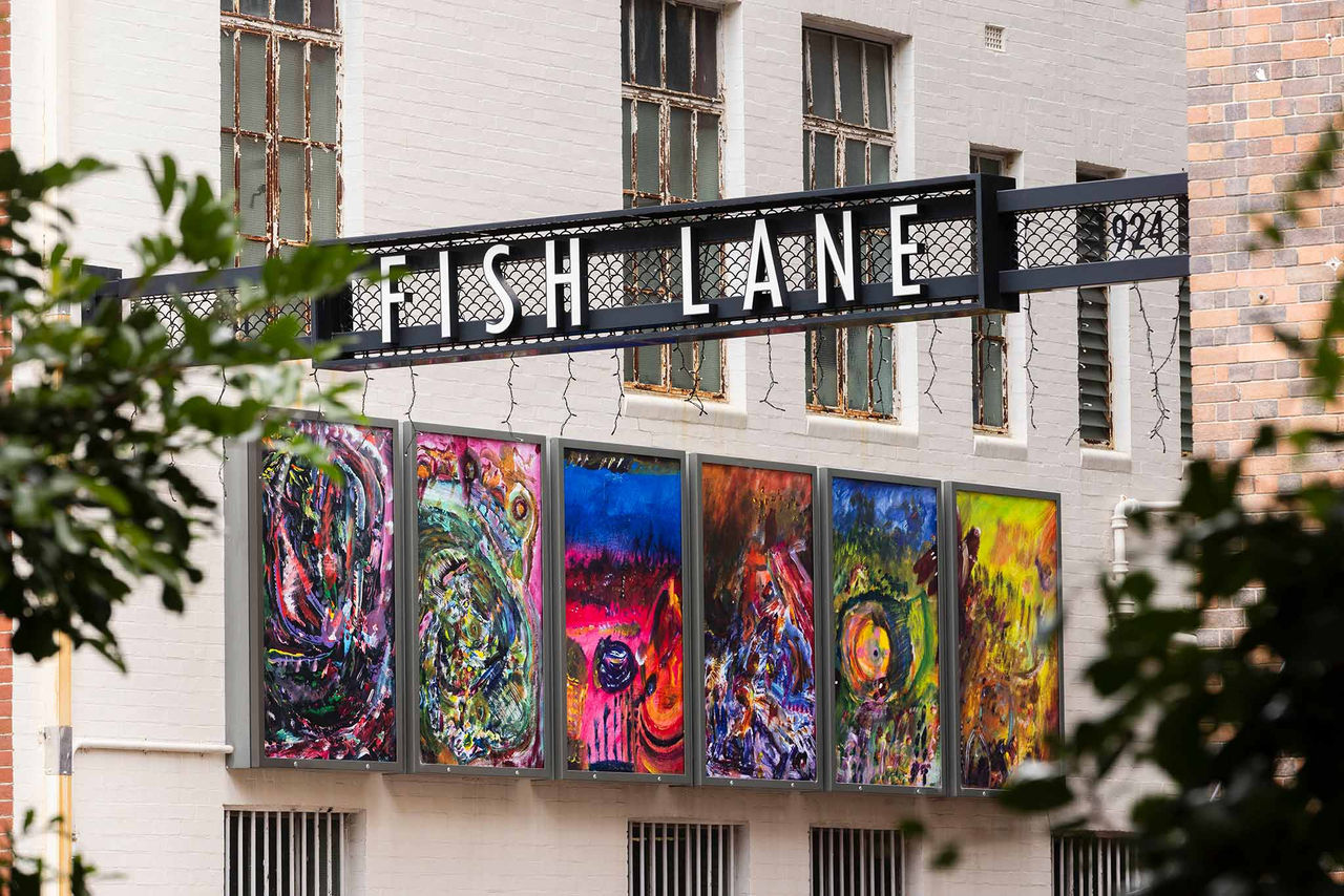 Artworks by Greg Chambers installed in Fish Lane, South Brisbane for AMPLIFY ME! Outdoor Gallery exhibition.