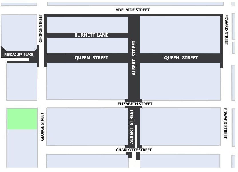 Map of Queen Street Mall with extension showing where the licensed performers can perform.