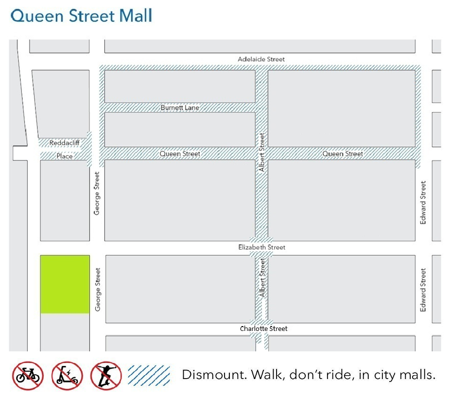 This is a map of regulated areas on riding in Queen Street Mall.