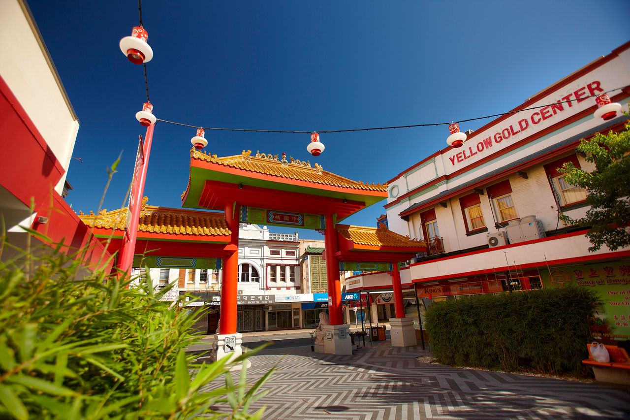 Traditional Chinese gates at the entry to Chinatown Mall in Fortitude Valley.